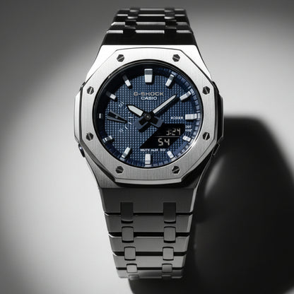 Casioak Mod Watch Silver Case Metal Strap Silver Time Mark Blue Waffle Dials 42mm