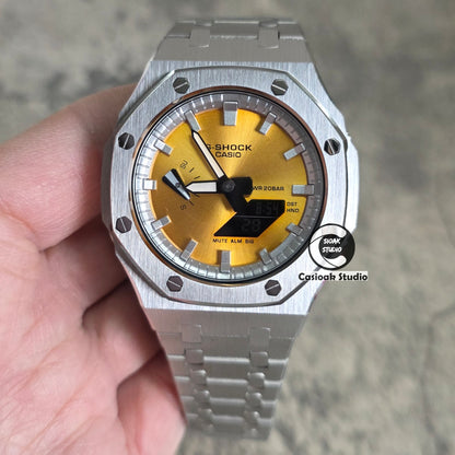 Casioak Mod Watch Silver Case Metal Strap Silver Time Mark Gold Dials 44mm