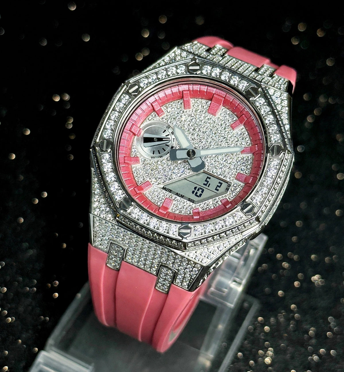 Casioak Mod Watch Diamond Style Silver Case Red Strap Red Time Mark Diamond Style Dials 44mm
