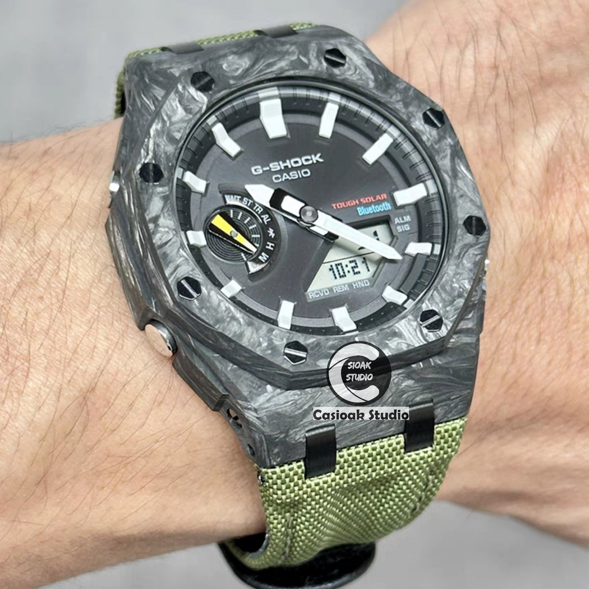 Casioak Mod Solar Watch Carbon Fiber Offshore Superior Black Case Black Nylon Canvas Strap Black White Time Mark Black Dials 44mm