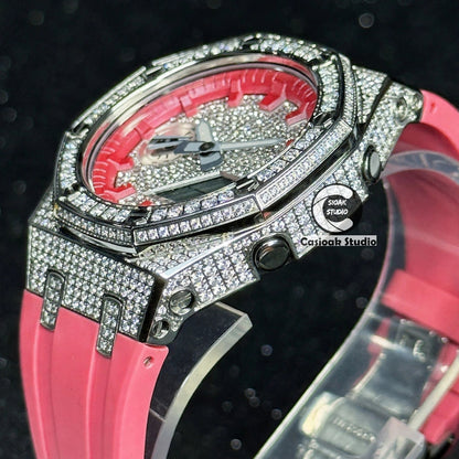 Casioak Mod Watch Diamond Style Silver Case Red Strap Red Time Mark Diamond Style Dials 44mm