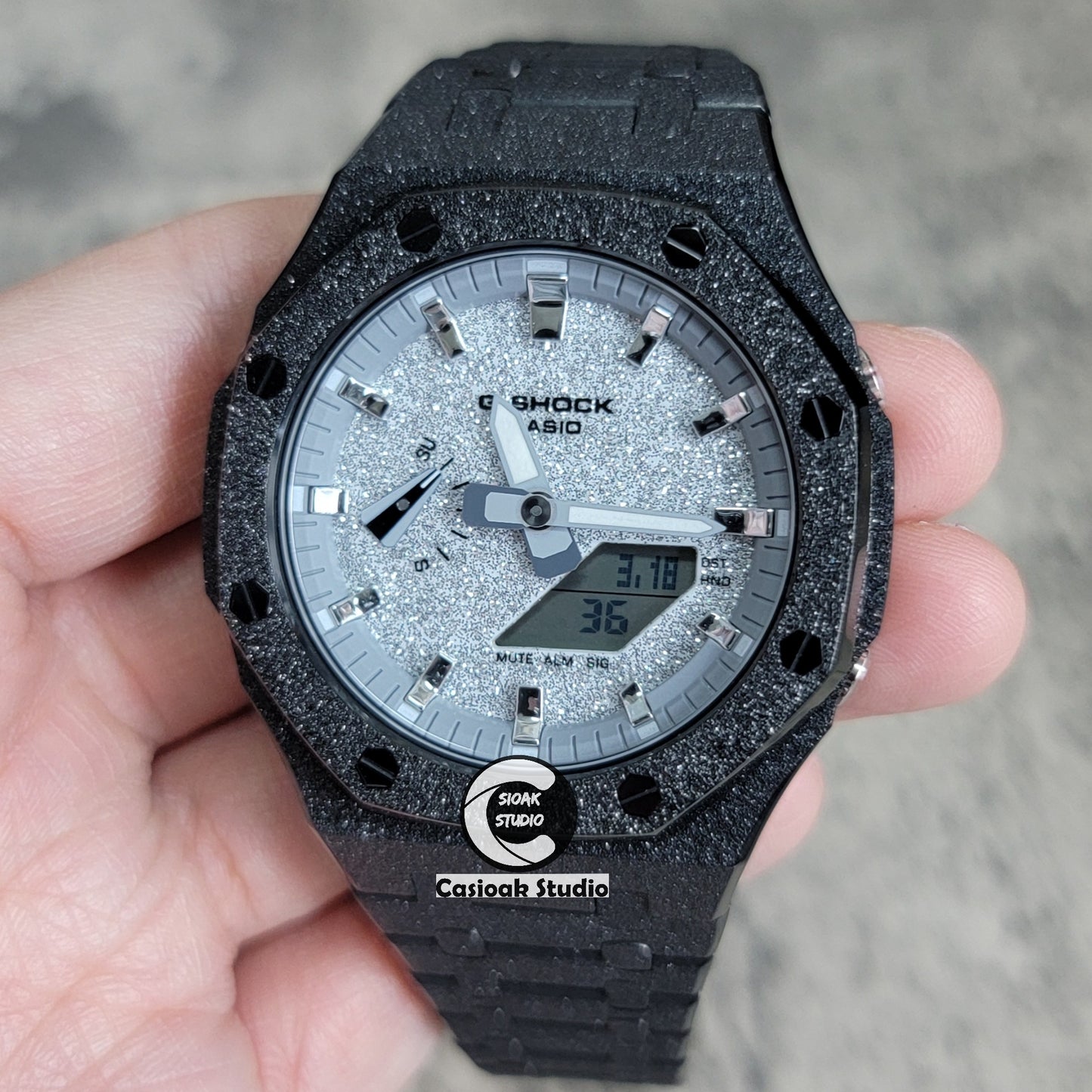 Casioak Mod Watch Frosted Black Case Metal Strap Gray Silver Time Mark Starry Silver Dial 44mm