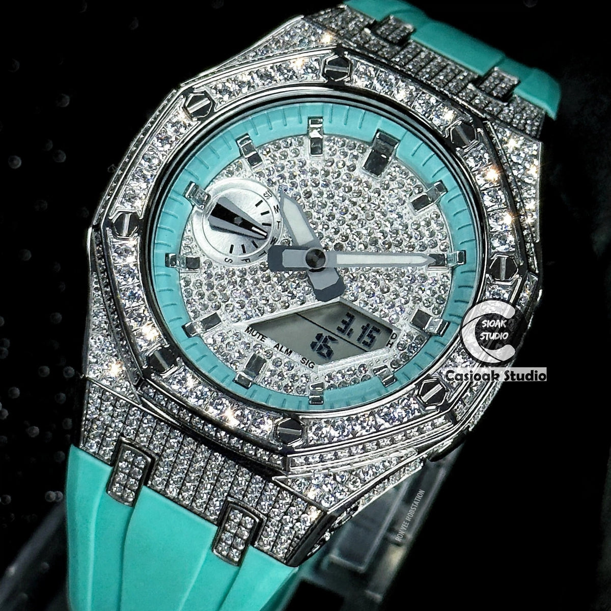 Casioak Mod Watch Diamond Style Silver Case Tiff Strap Tiff Silver Time Mark Diamond Style Dials 44mm
