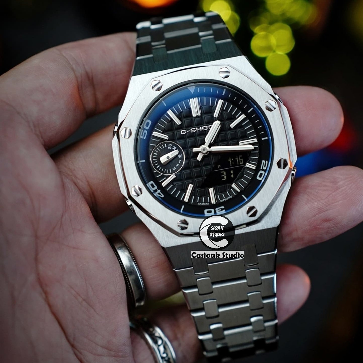 Casioak Mod Watch NEW Offshore Superior Silver Case Metal Strap Black Time Mark Black Dials 44mm