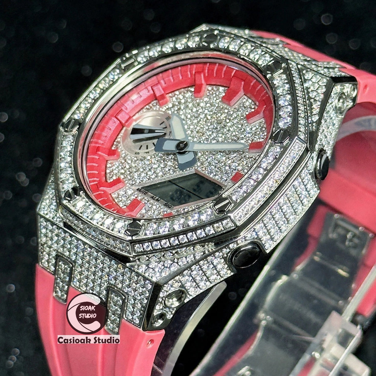 Casioak Mod Watch Diamond Style Silver Case Red Strap Red Time Mark Diamond Style Dials 44mm