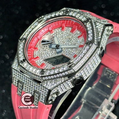 Casioak Mod Watch Diamond Style Silver Case Red Strap Red Time Mark Diamond Style Dials 44mm