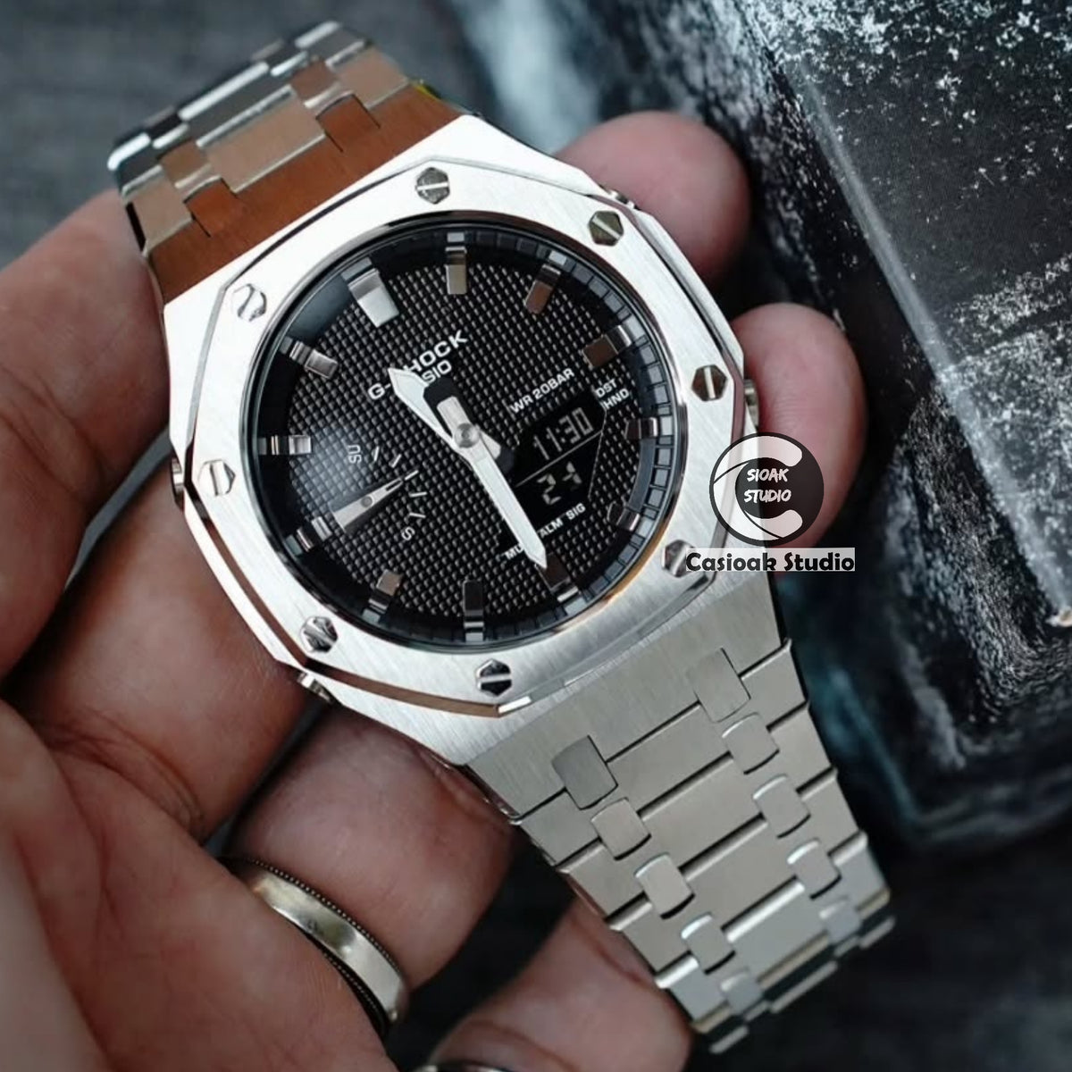 Casioak Mod Watch Silver Case Metal Strap Black Silver Time Mark Black Waffle Dials 44mm