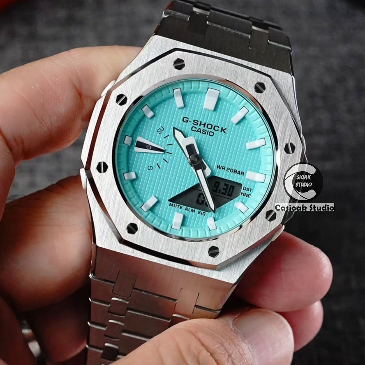 Casioak 改裝手錶 銀色錶殼 金屬錶帶 Tiff White 時標 Tiff Blue 錶盤 42mm