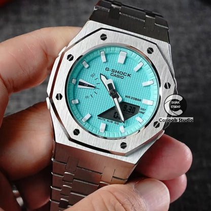 Casioak 改裝手錶 銀色錶殼 金屬錶帶 Tiff White 時標 Tiff Blue 錶盤 42mm