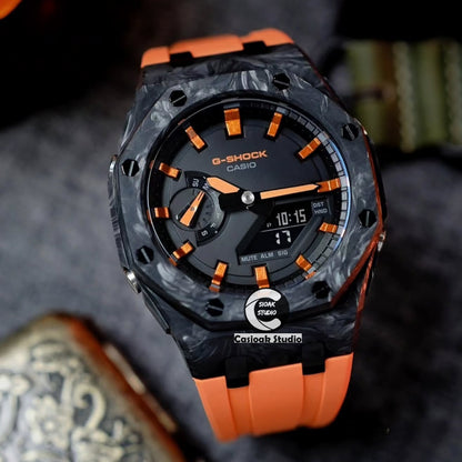 Casioak Mod Carbon Fiber Offshore Superior Black Case White Strap Orange Black Time Mark Black Dials 44mm Orange Style