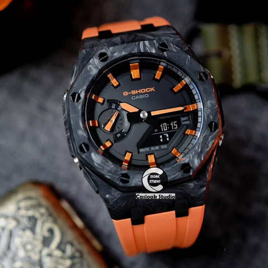 Casioak Mod Carbon Fiber Offshore Superior Black Case White Strap Orange Black Time Mark Black Dials 44mm Orange Style