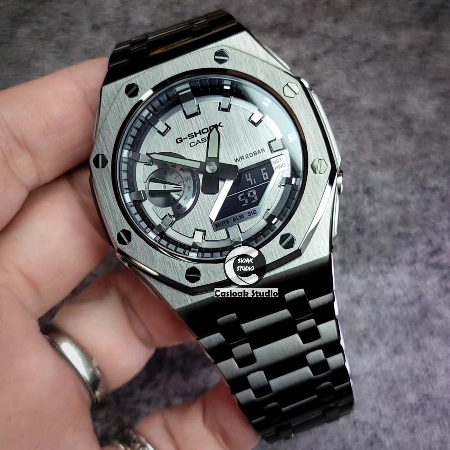 Casioak Mod Watch Offshore Superior Gray Case Metal Strap Black Gray Time Mark Grsy Dials 44mm Gm2100