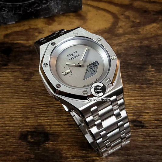 Casioak Mod Watch NEW Silver Case Metal Strap Silver Dials 44mm