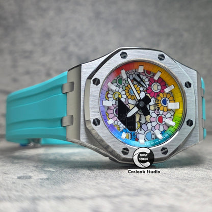 Casioak Mod Watch Offshore Superior Silver Case Tiff Rubber Strap Rainbow White Time Mark  Takashi Murakami Flower Dials 44mm