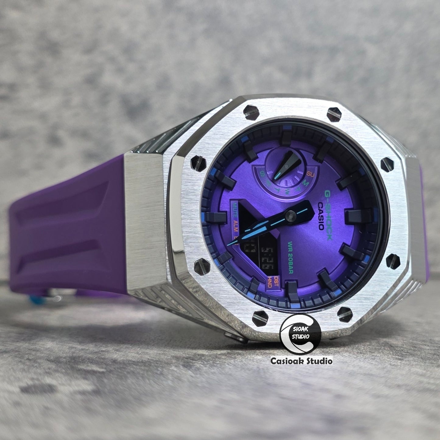 Casioak Mod Watch Black Panther Hb Silver Case Purple Strap Purple Black Time Mark Purple Dials 44mm