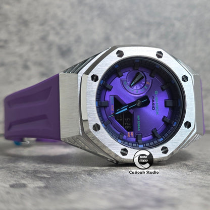 Casioak Mod Watch Black Panther Hb Silver Case Purple Strap Purple Black Time Mark Purple Dials 44mm