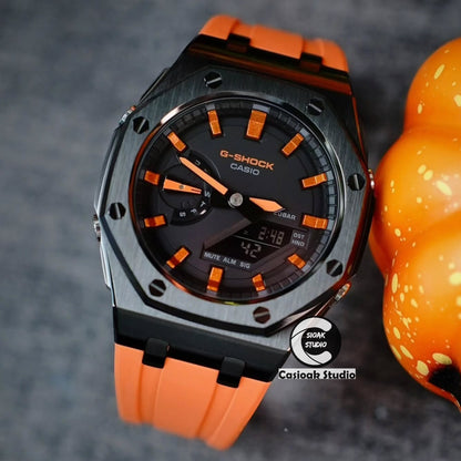 Casioak Mod Watch Offshore Superior Black Case Orange Rubber Rubber Strap Orange Black Time Mark Black Dials 44mm