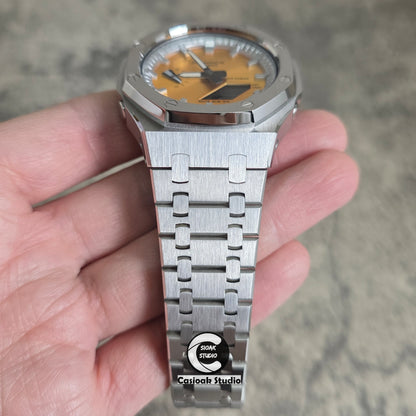 Casioak Mod Watch Silver Case Metal Strap Silver Time Mark Gold Dials 44mm