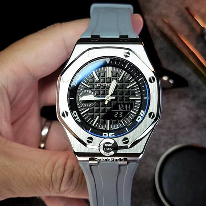 Casioak Mod Watch NEW Offshore Superior Silver Case Gray Rubber Strap Black Time Mark Black Dials 44mm