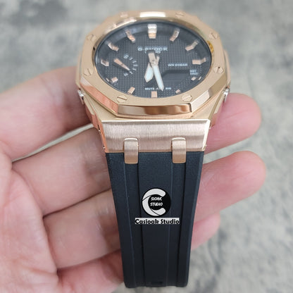 Casioak Mod Watch Offshore Superior Rosegold Case Black Rubber Strap Black Rosegold Time Mark Black Waffle Dial 44mm