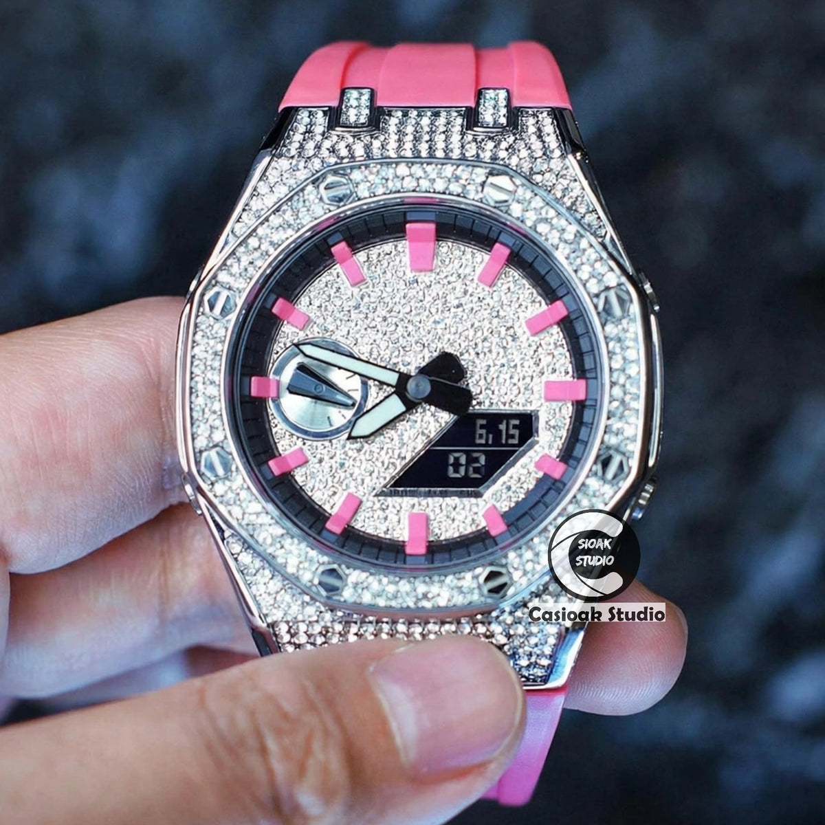 Casioak Mod Watch Diamond Style Silver Case Pink Strap Black Pink Time Mark Diamond Style Dials 44mm
