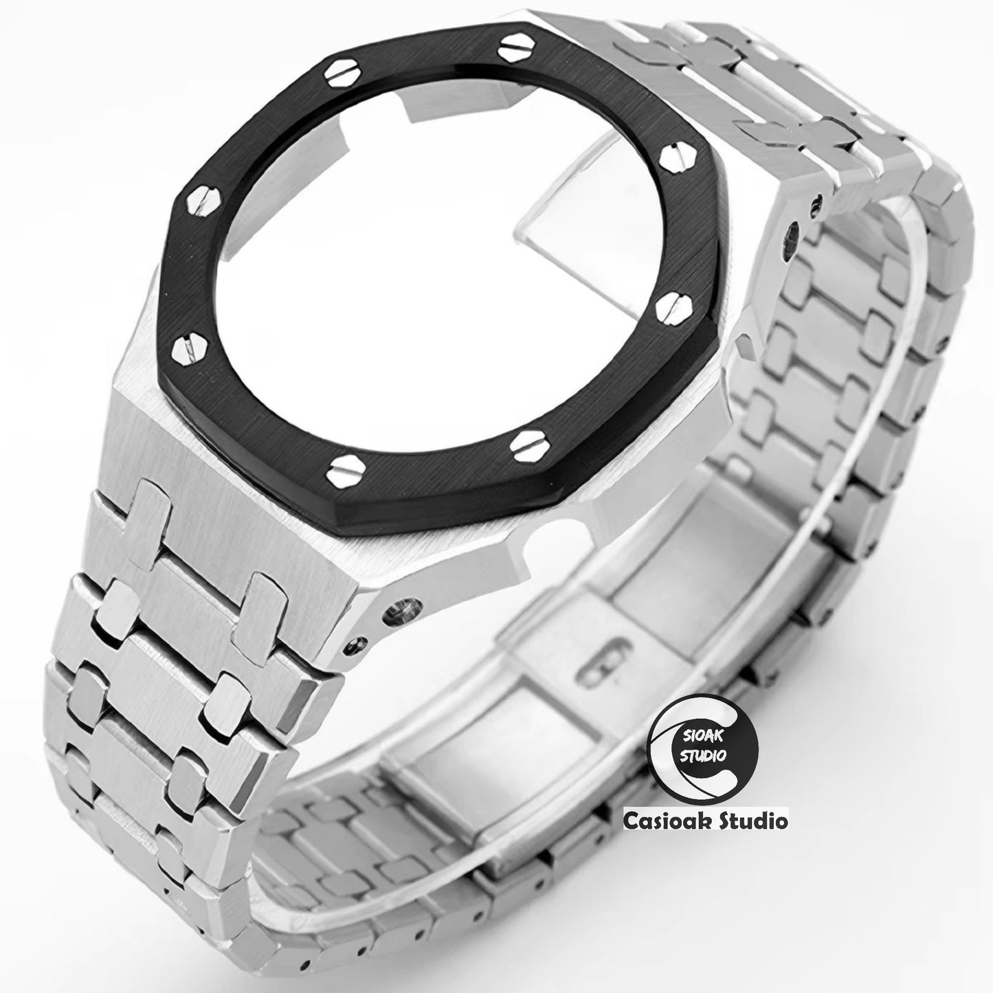 Casioak 모드 시계 블랙 케이스 메탈 스트랩 티프 블랙 타임 마크 티프 블루 다이얼 44mm