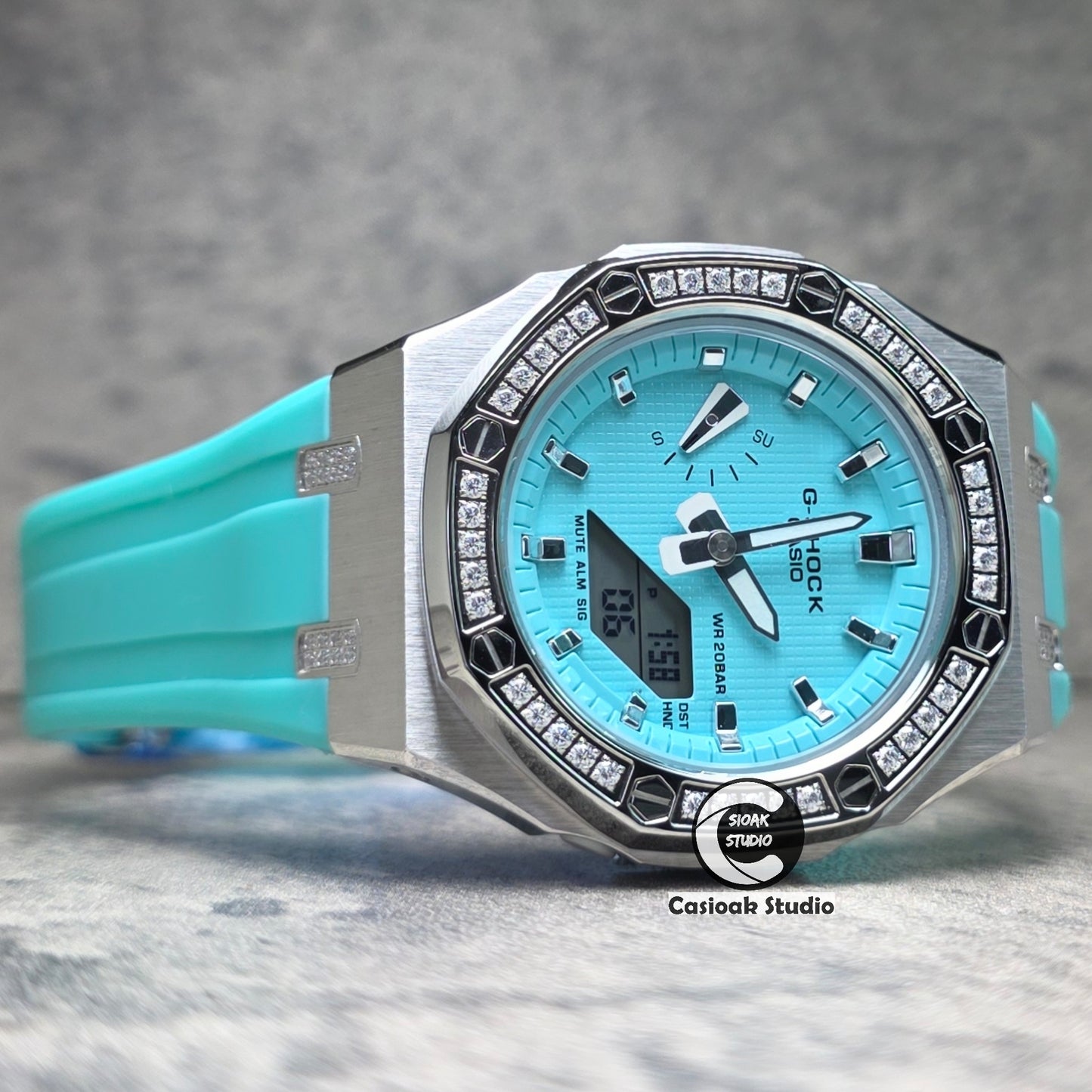 Casioak Mod Watch Diamond Silver Case Tiff Strap Tiff Silver Time Mark Tiff Blue Dials 42mm