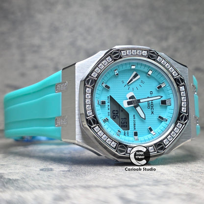 Casioak Mod Watch Diamond Silver Case Tiff Strap Tiff Silver Time Mark Tiff Blue Dials 42mm