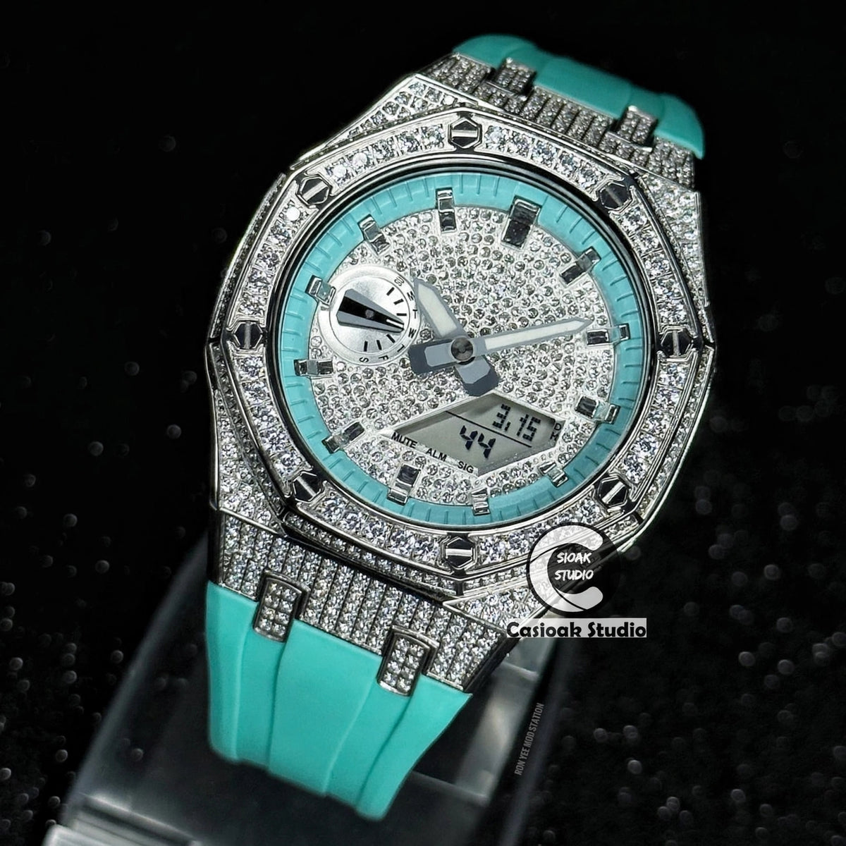 Casioak Mod Watch Diamond Style Silver Case Tiff Strap Tiff Silver Time Mark Diamond Style Dials 44mm
