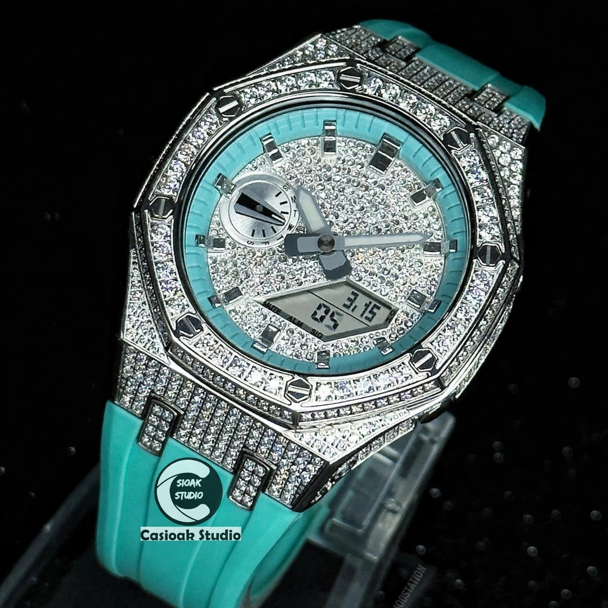 Casioak Mod Watch Diamond Style Silver Case Tiff Strap Tiff Silver Time Mark Diamond Style Dials 44mm