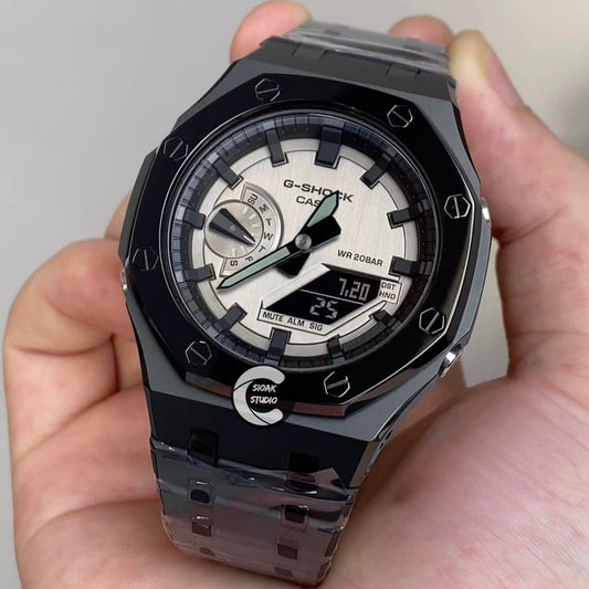 Casioak Mod Watch Polished Case Metal Strap Black Time Mark Metallic Grey Dial 44mm - Casioak Studio