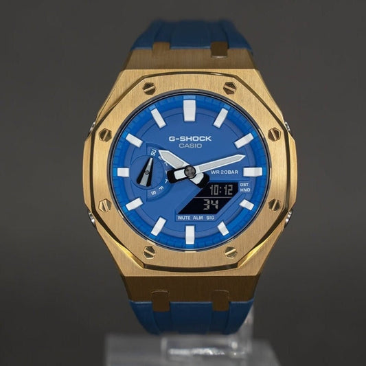 Casioak Mod Watch Gold Case Blue Rubber Strap Blue White Time Mark Blue Dial 44mm - Casioak Studio