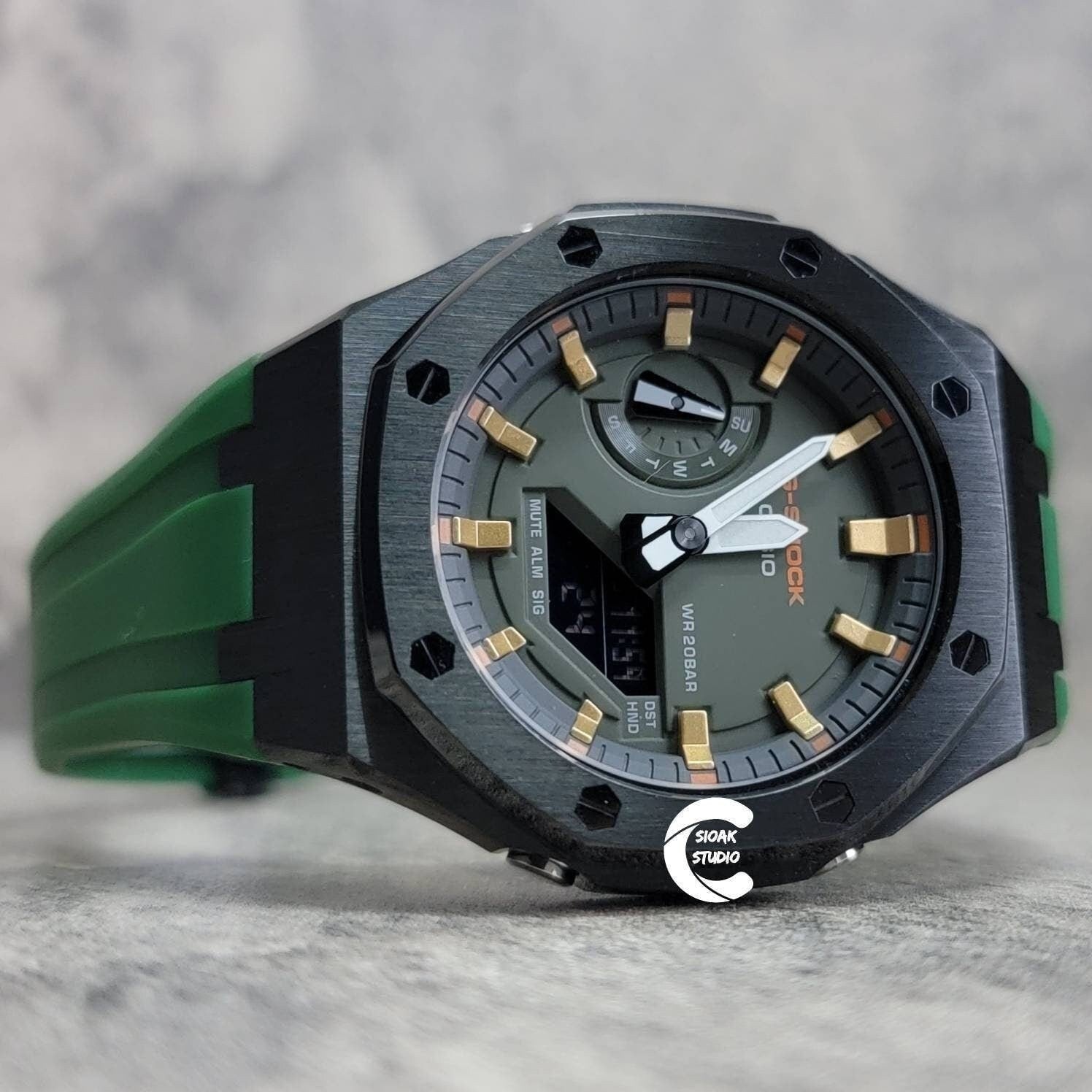 Casioak Mod Watch Black Case Green Rubber Strap Black Gold Time Mark Olove Dial 44mm - Casioak Studio