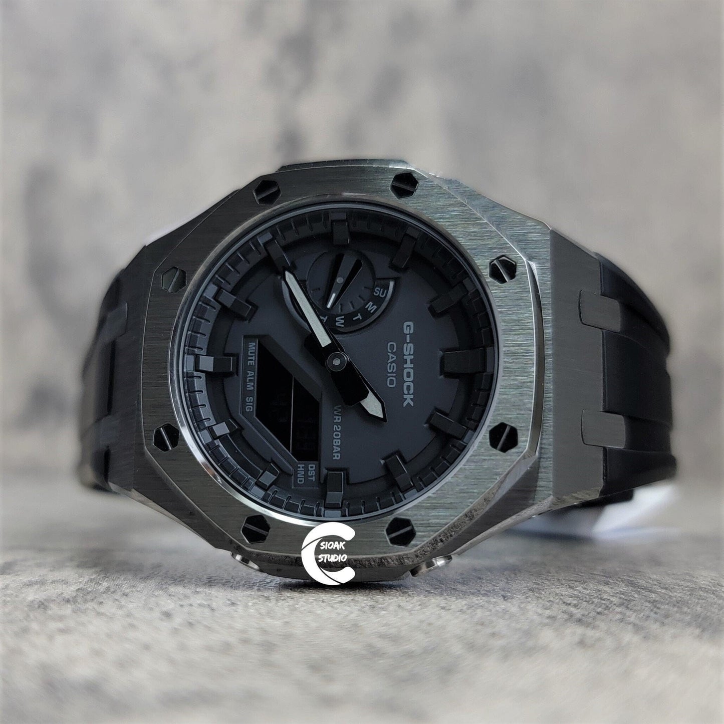 Casioak Mod Watch Gray Case Black Rubber Strap Black Time Mark Black Dial 44mm - Casioak Studio