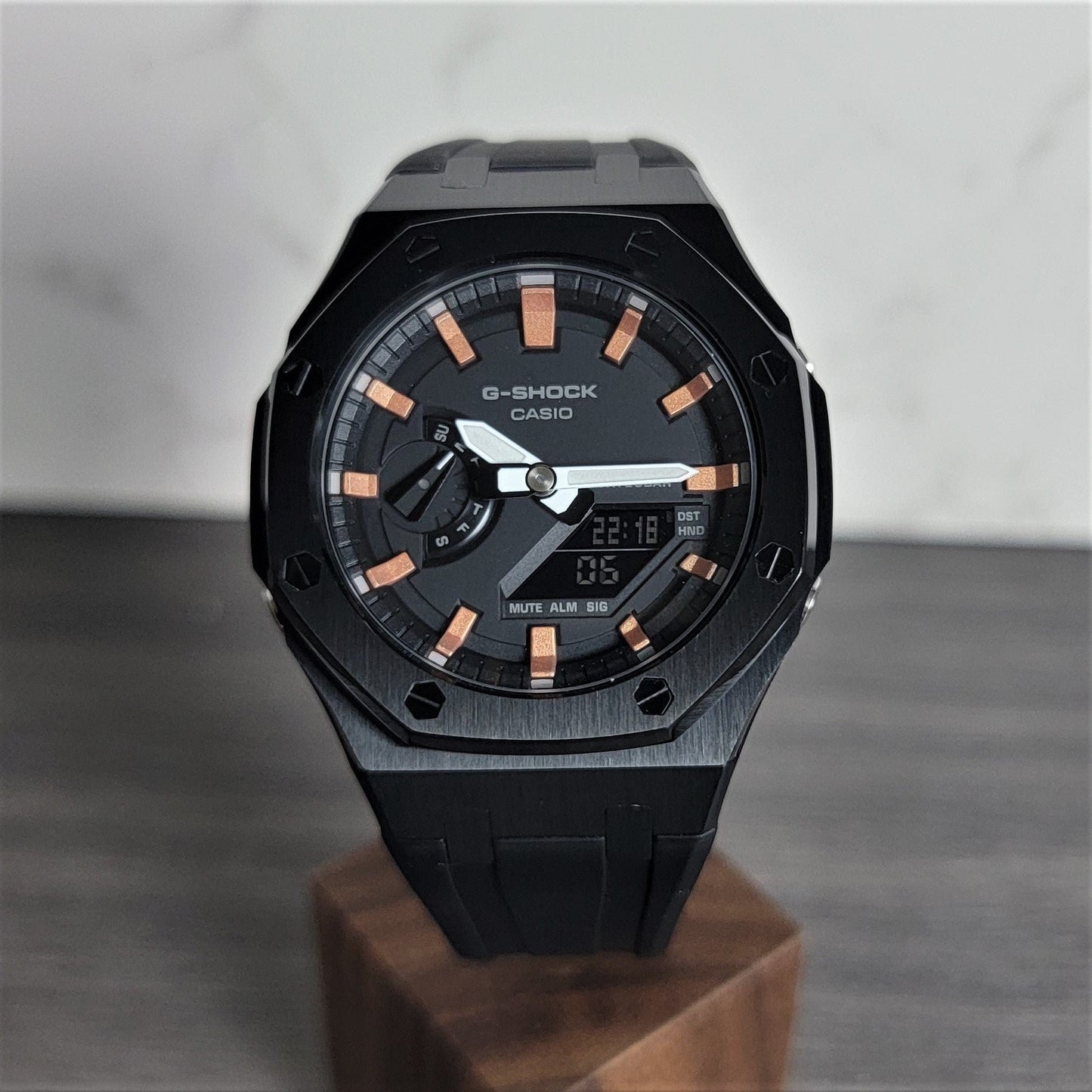 Casioak Mod Watch Black Case Black Rubber Strap Black Rose Gold Time Mark Black Dial 44mm - Casioak Studio