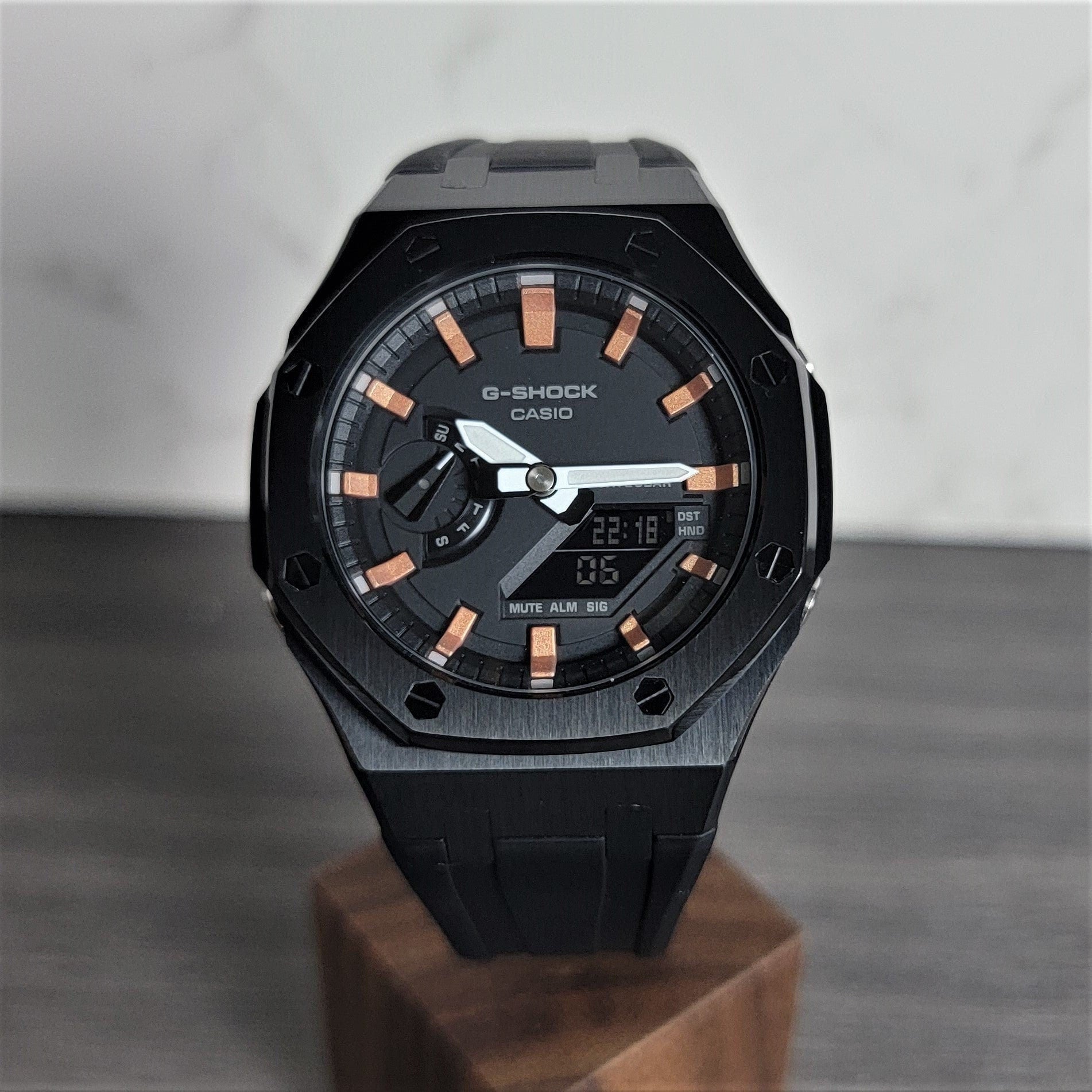 Casioak Mod Watch Black Case Black Rubber Strap Black Rose Gold Time Mark Black Dial 44mm - Casioak Studio