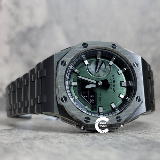 Casioak Mod Watch Offshore Superior Gray Case Metal Strap Black Gray Time Mark Olive Dial 44mm - Casioak Studio