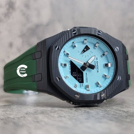 Casioak Mod Watch Carbon Fiber Black Case Green Strap Tiffany Silver Time Mark Tiffany Dial 44mm - Casioak Studio