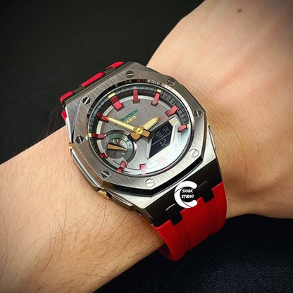 Casioak Mod Watch Offshore Superior Gray Case Red Rubber Rubber Strap Black Red Time Mark Gray Dial 44mm - Casioak Studio