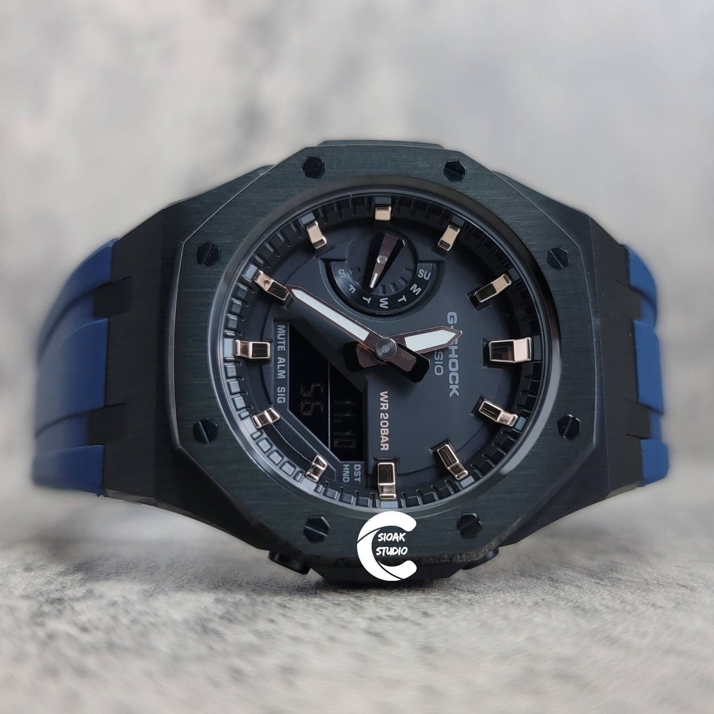 Casioak Mod Watch Black Case Blue Rubber Strap Black Rose Gold Time Mark Black Dial 44mm - Casioak Studio