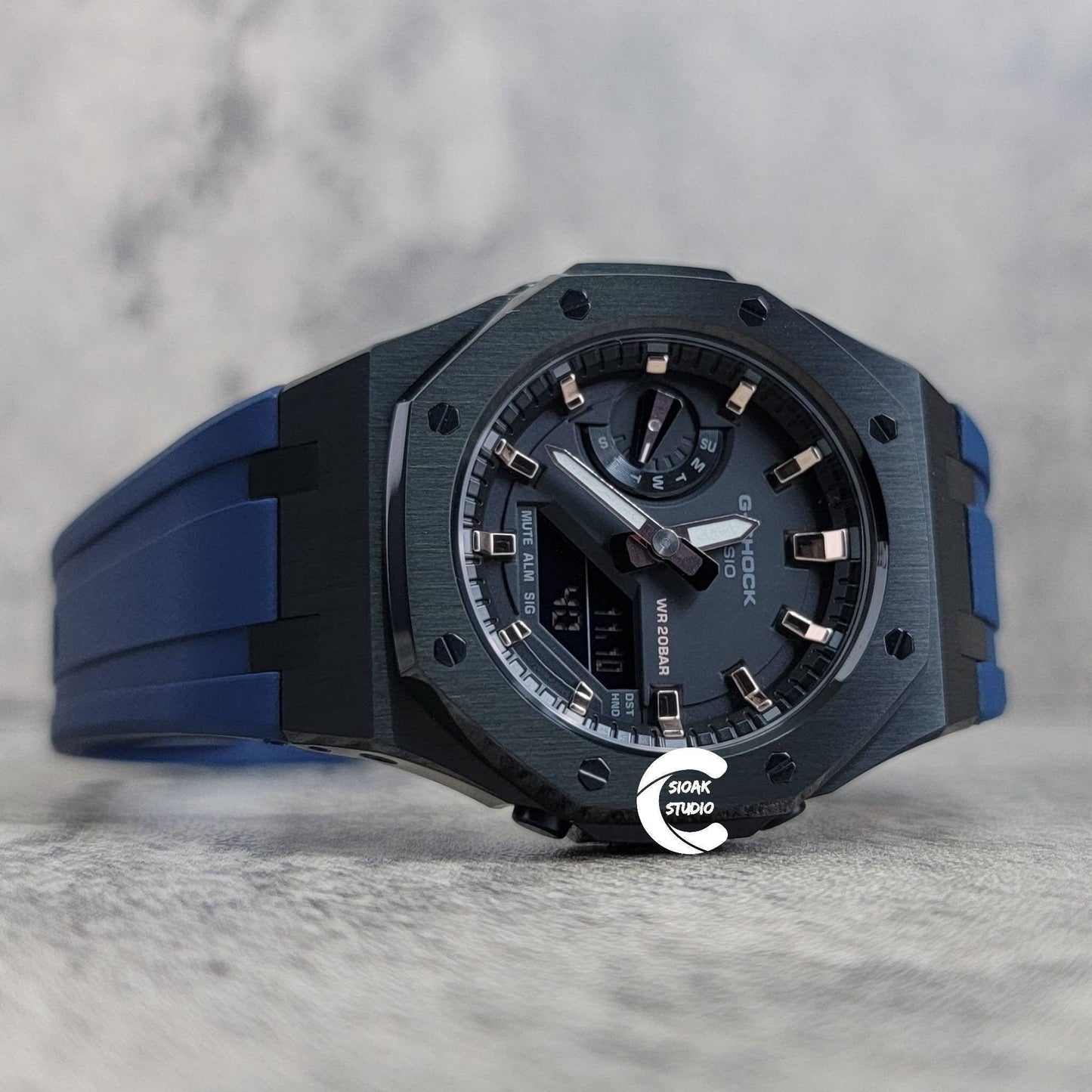 Casioak Mod Watch Black Case Blue Rubber Strap Black Rose Gold Time Mark Black Dial 44mm - Casioak Studio