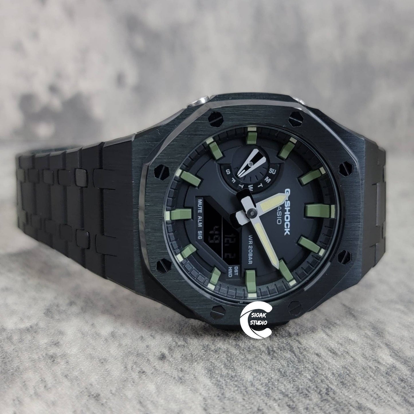 Casioak Mod Watch Black Case Metal Strap Black Green Time Mark Black Dial 44mm - Casioak Studio