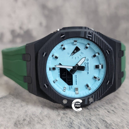 Casioak Mod Watch Carbon Fiber Black Case Green Strap Tiffany Silver Time Mark Tiffany Dial 44mm - Casioak Studio