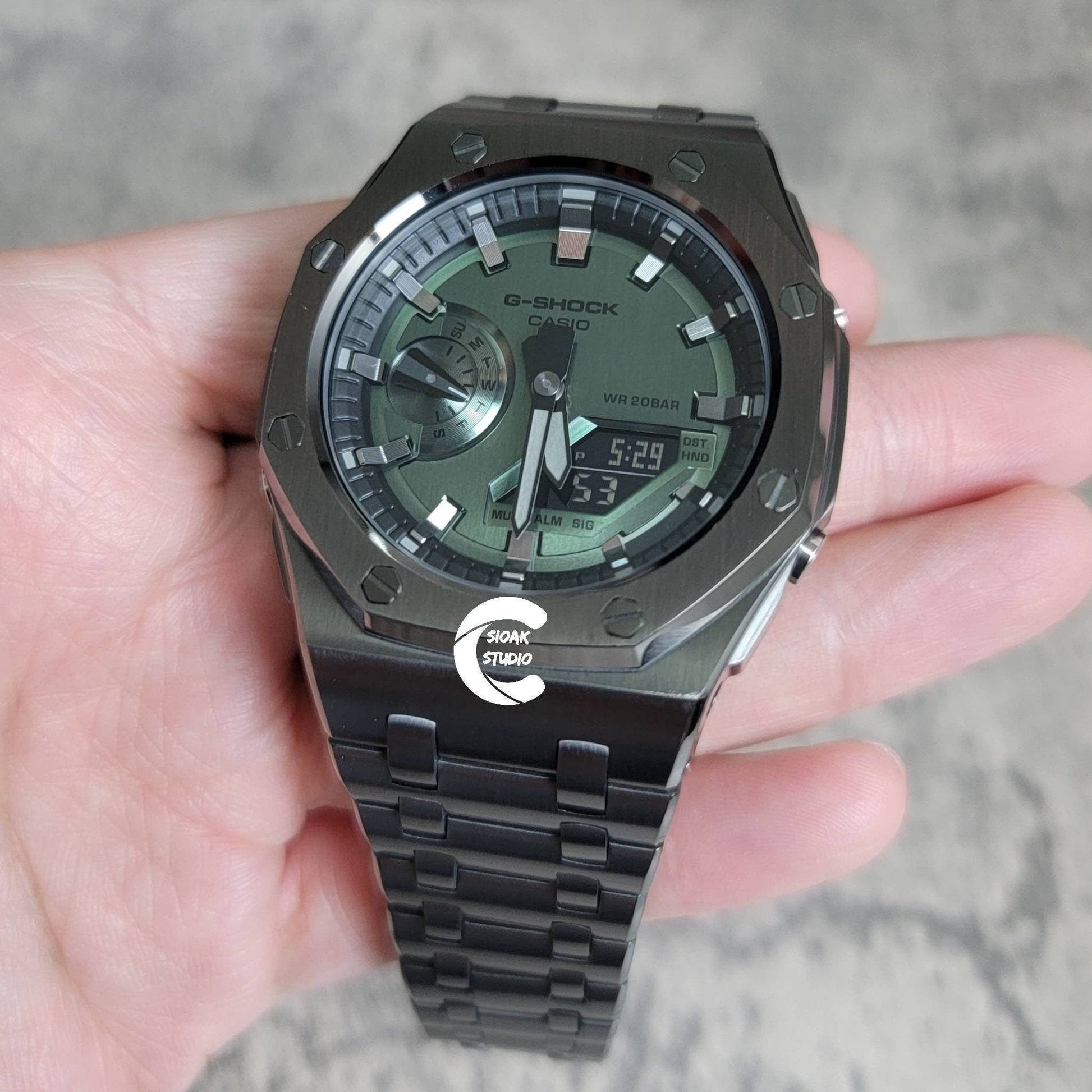 Casioak Mod Watch Offshore Superior Gray Case Metal Strap Black Gray Time Mark Olive Dial 44mm - Casioak Studio