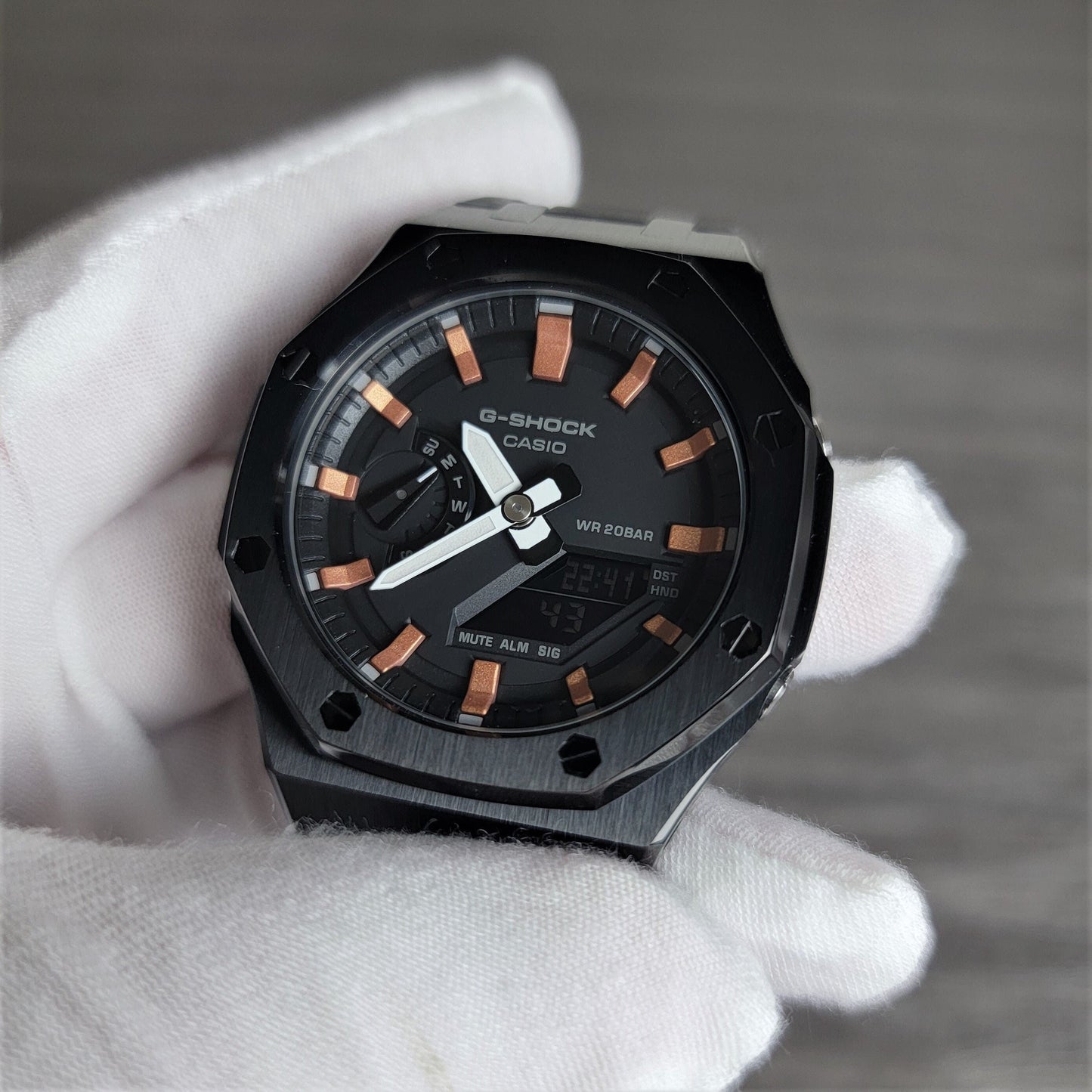 Casioak Mod Watch Black Case Black Rubber Strap Black Rose Gold Time Mark Black Dial 44mm - Casioak Studio