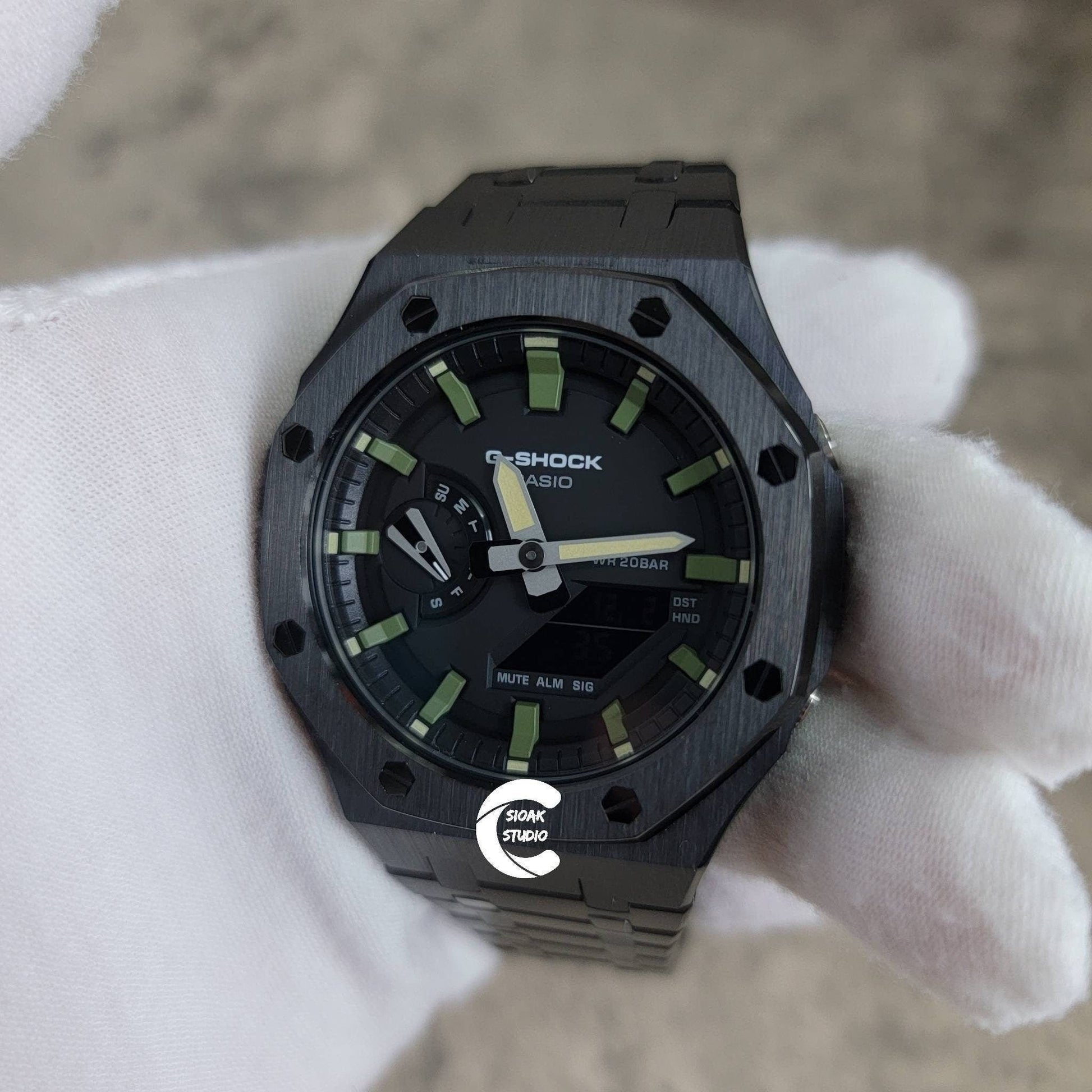 Casioak Mod Watch Black Case Metal Strap Black Green Time Mark Black Dial 44mm - Casioak Studio