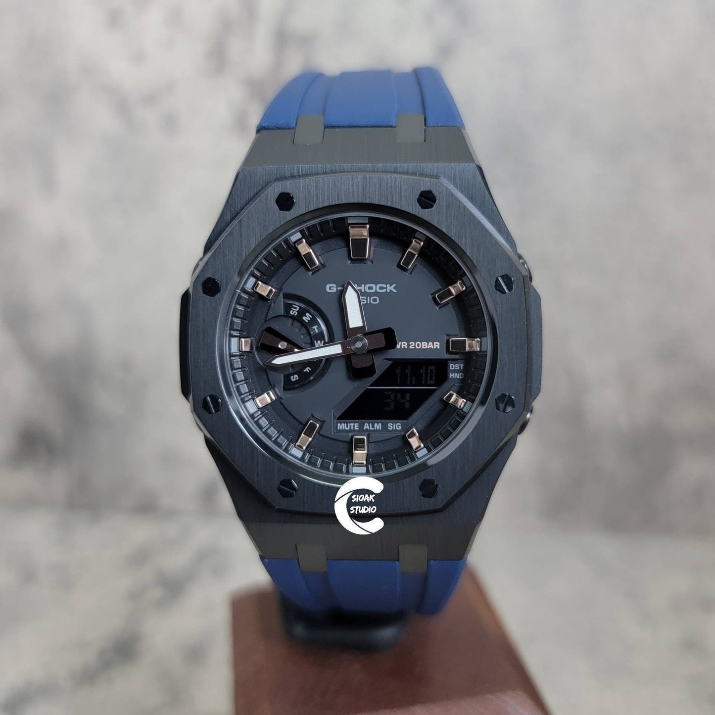 Casioak Mod Watch Black Case Blue Rubber Strap Black Rose Gold Time Mark Black Dial 44mm - Casioak Studio