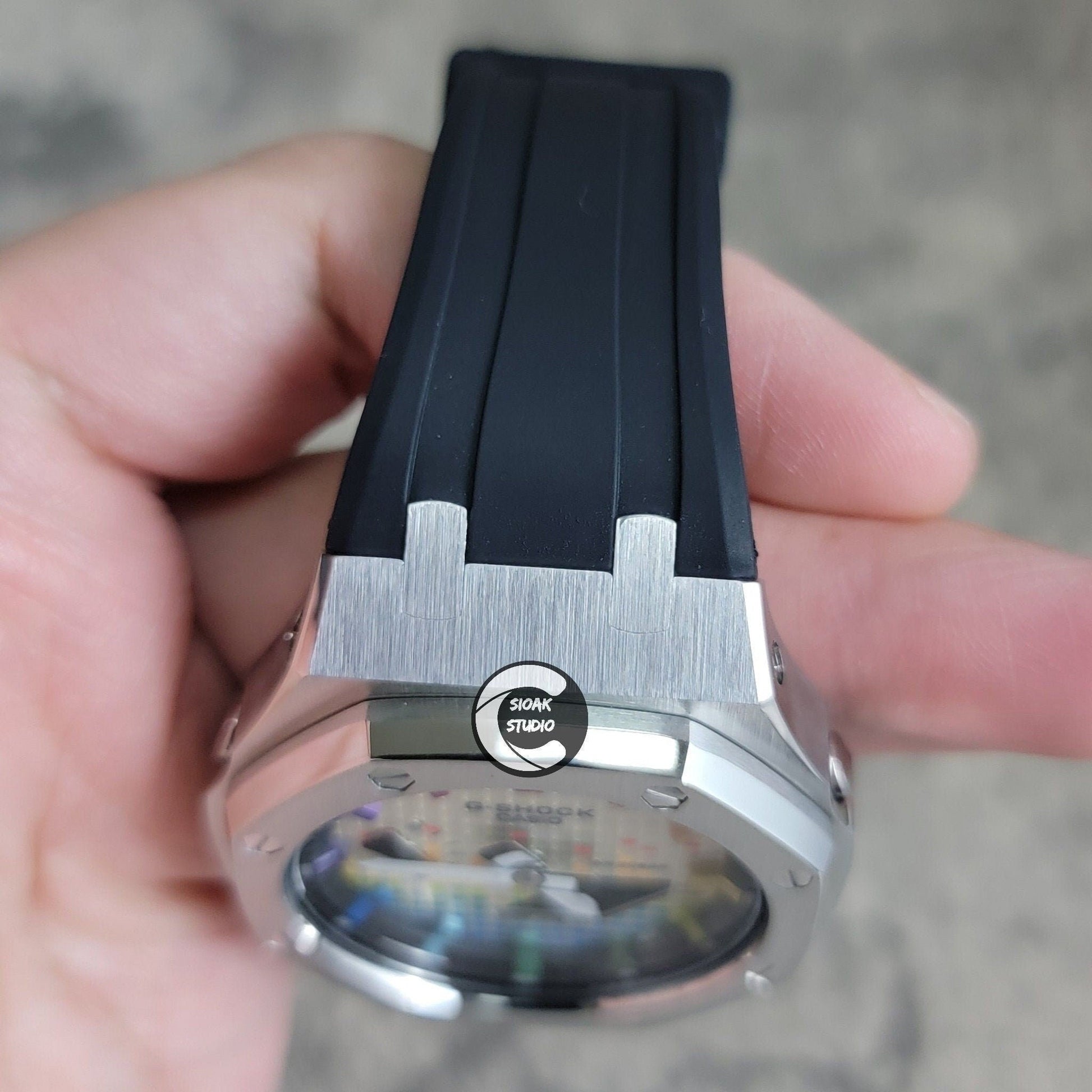 Casioak Mod Watch Silver Case Black Rubber Strap Black  Rainbow Time Mark Music Dial 44mm - Casioak Studio