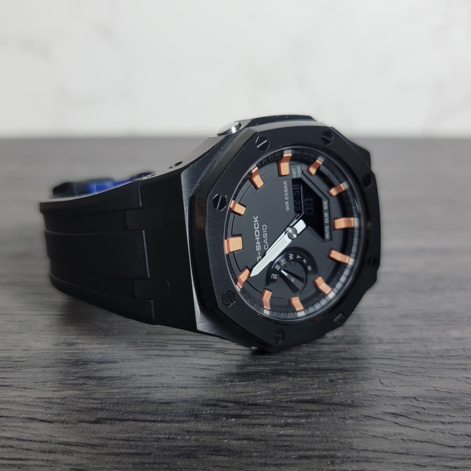 Casioak Mod Watch Black Case Black Rubber Strap Black Rose Gold Time Mark Black Dial 44mm - Casioak Studio