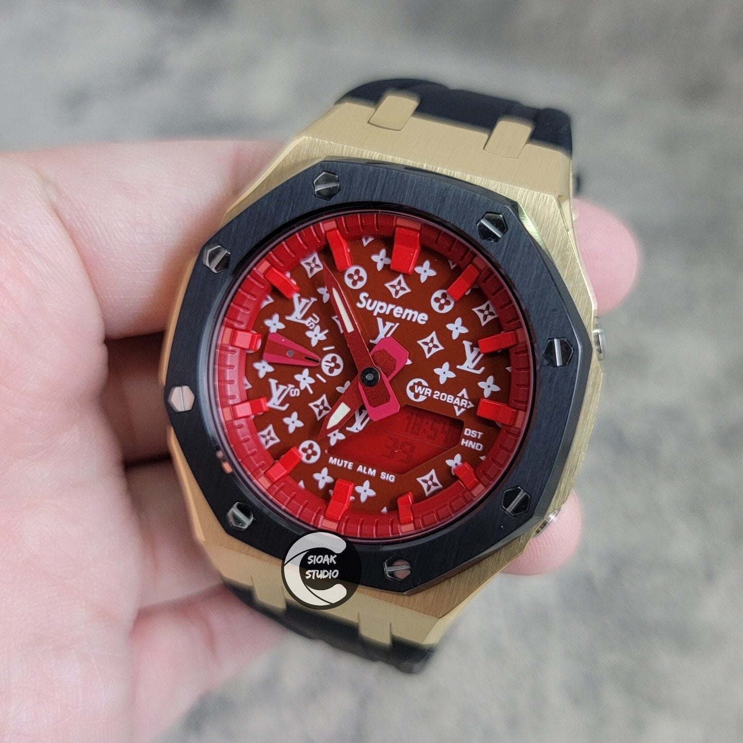 Casioak Mod Watch Black Gold Case Black Rubber Strap Red Time Mark Red Dial 44mm - Casioak Studio